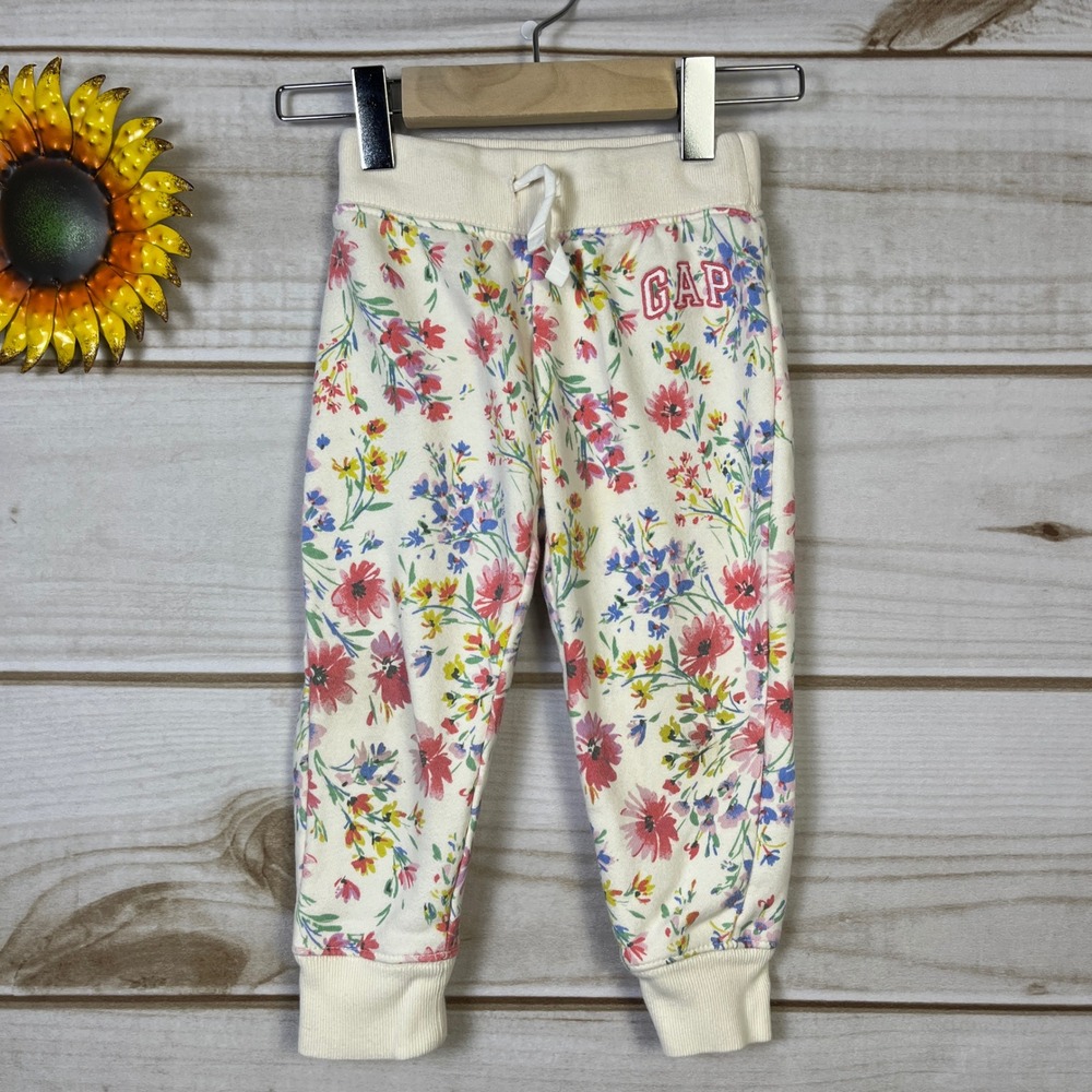 Baby Gap Toddler Girls Floral Fleece Jogger Pants Ivory Red Blue 2 Years